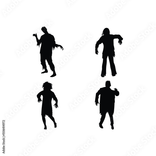 Terrifying Zombie Silhouette Vector Set Featuring Walking and Standing Undead Figures for Spooky Halloween and Horror Design Projects on White Background