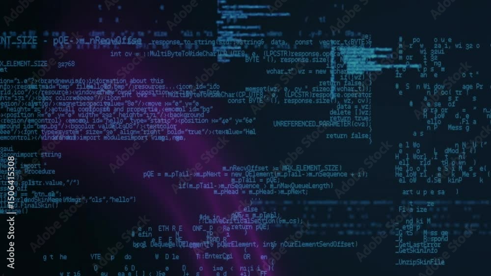 Purple neon beam emerging causing code scrolling pulsing in blue text revealing scattering glyphs