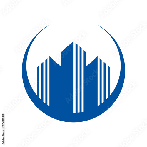 Combination of buildings with almost full circle vector logo