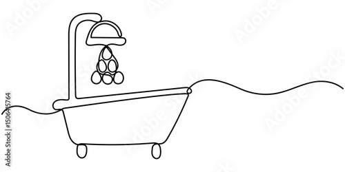 bathtub with shower continuous one line drawing, Continuous one line drawing of bathtub design. Simple bath in single line draw illustration. Continuous Line Drawing of Baby Bath Icon. Hand Drawn. 
