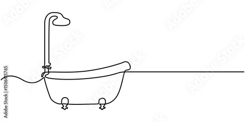 bathtub with shower continuous one line drawing, Continuous one line drawing of bathtub design. Simple bath in single line draw illustration. Continuous Line Drawing of Baby Bath Icon. Hand Drawn. 