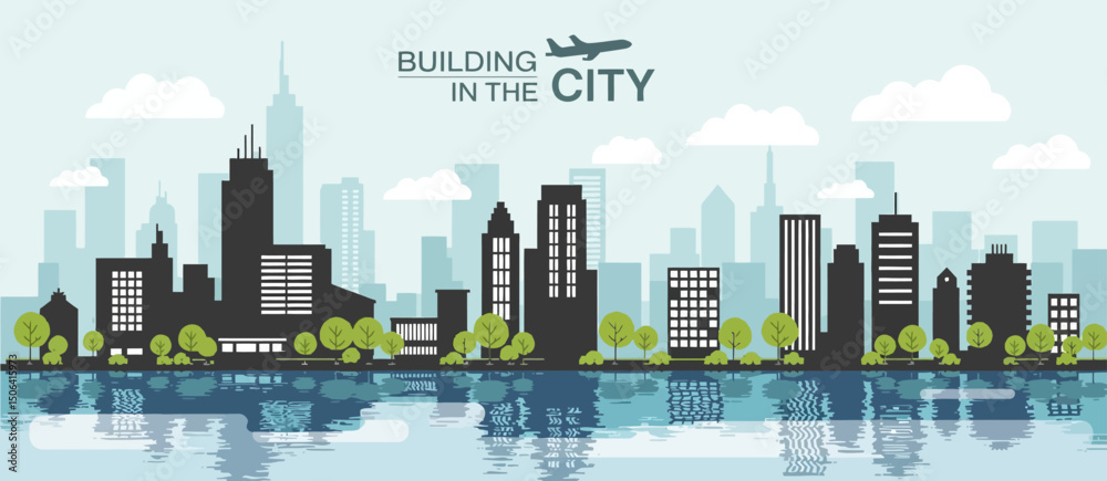 Fototapeta premium White building in the city with skyscraper perspective architecture vector illustration