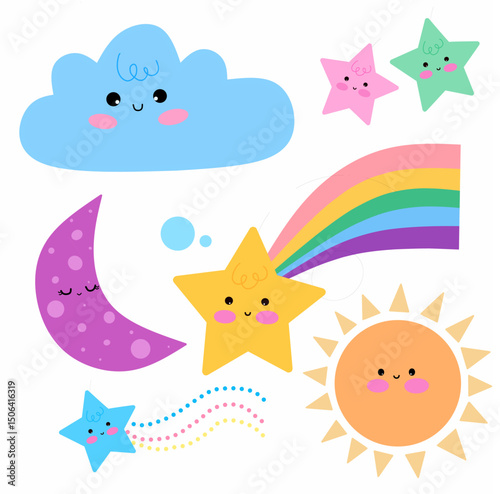 Flat Vector Moon, Sun, Rainbow & Stars in Pastel Colors