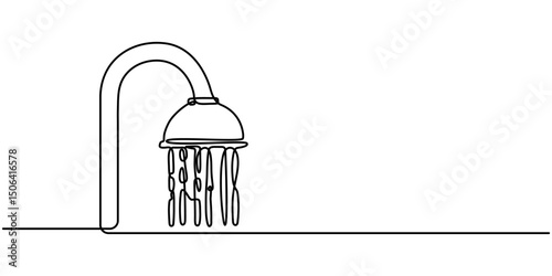 shower continuous one line drawing, Shower head, Shower Symbol Drawing, Shower head in bathroom with water drops, Vector illustration of Modern shower head system with adjustable height and water. 