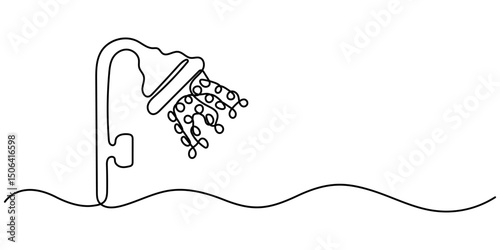 shower continuous one line drawing, Shower head, Shower Symbol Drawing, Shower head in bathroom with water drops, Vector illustration of Modern shower head system with adjustable height and water. 