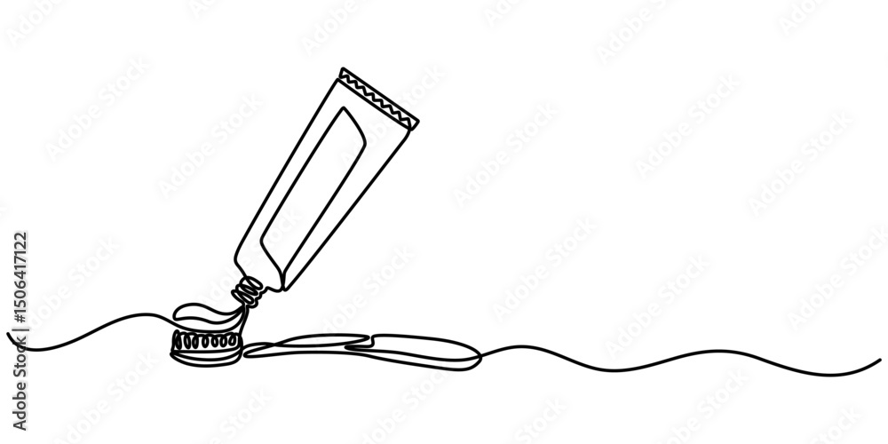 Fototapeta premium Continuous one line drawing of toothbrush and toothpaste, one line art toothbrush and toothpaste vector illustration. line art, one continuous line, Continuous line drawing toothbrush with toothpaste.