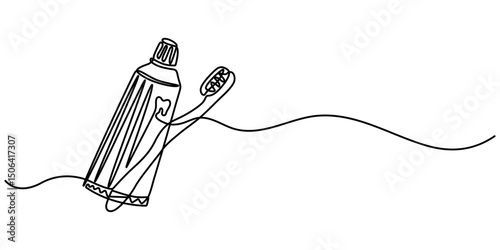Continuous one line drawing of toothbrush and toothpaste, one line art toothbrush and toothpaste vector illustration. line art, one continuous line, Continuous line drawing toothbrush with toothpaste.