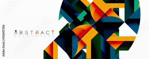 Geometric shapes overlap, creating vibrant colorful pattern. Modern design features layered elements, dynamic composition.