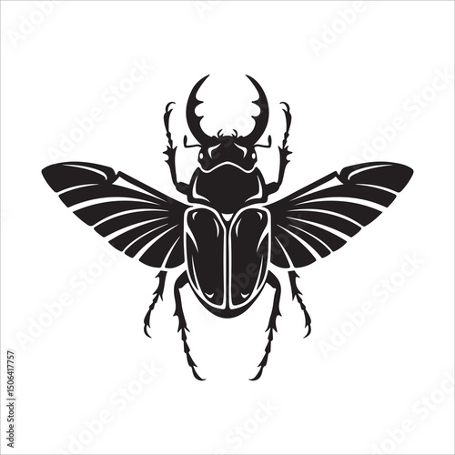 Detailed Black and White Stag Beetle with Open Wings: Insect, Nature, Entomology, and Wildlife Vector Illustration
