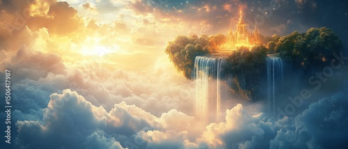 mystical floating island with waterfalls pouring into the clouds below, and a temple glowing with golden light, Generative AI