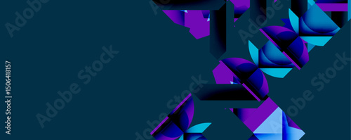 Abstract geometric shapes, vibrant blues, purples create dynamic composition. Modern digital art, sleek design.