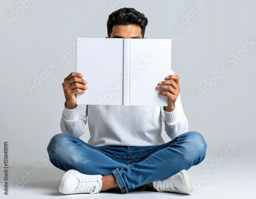 Man sitting cross legged holding a blank white book in front of his face in a studio setting
