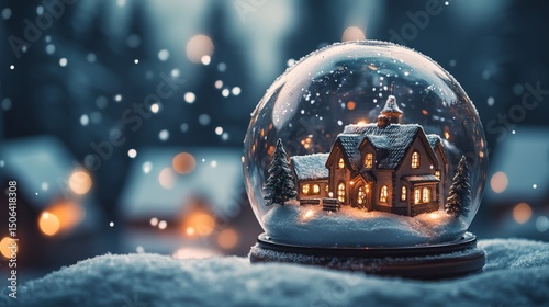 magical snow globe village with tiny houses, twinkling lights, and a gentle snowfall inside the glass dome, Generative AI
