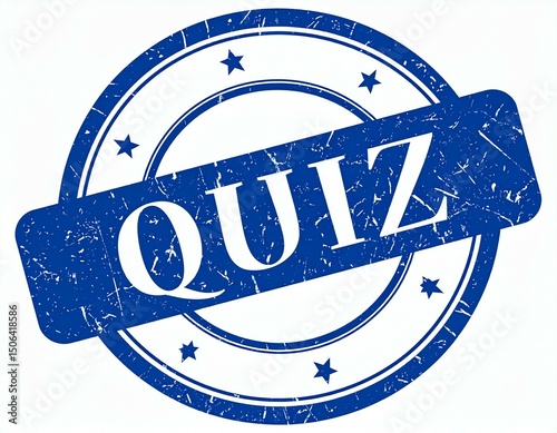 Blue quiz rubber stamp with stars and circular border on a white background in a grunge style