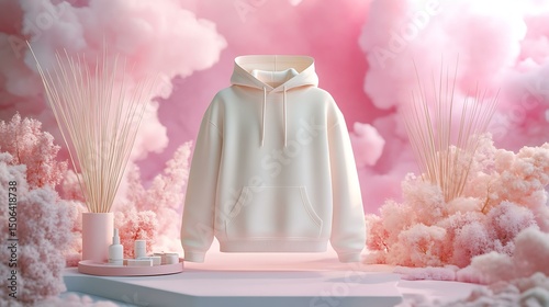 Pastel background 3D mockup of a hoodie on a floating pastel display with trinket trays and soft vapor trails from reed diffusers Beauty-Inspired Fashion Concepts Home and Lifestyle Visual Aesthetics photo
