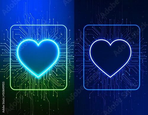 Two hearts glowing with circuitry in green and blue on a dark background with lines and dots