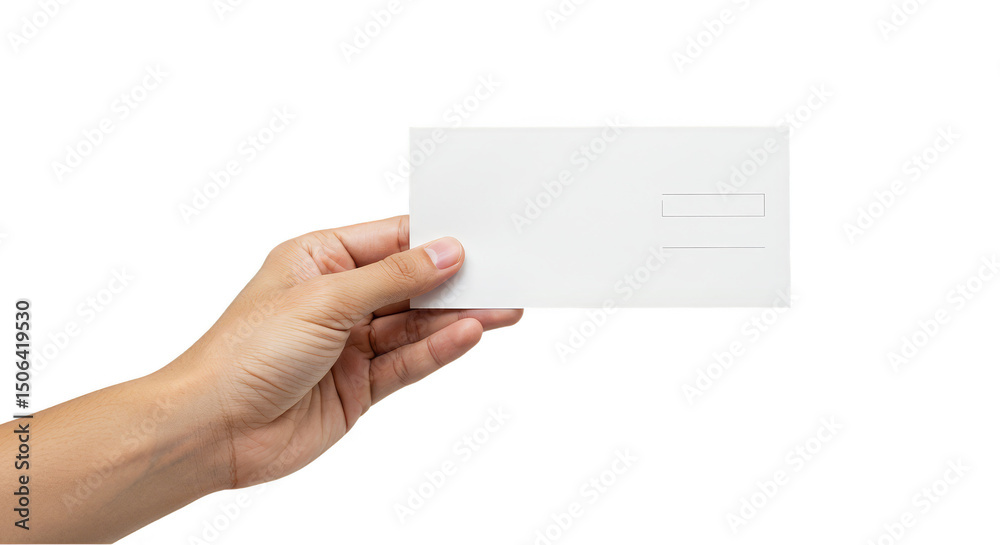 Fototapeta premium Hand Holding White Card Isolated on Transparent Background in Studio