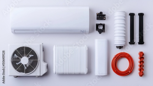Close up view of the disassembled components and parts of a refrigerator including the compressor tubing and other mechanical elements