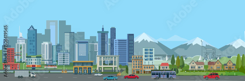 Urban landscape with large modern buildings and suburb with private houses vector

