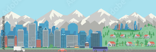 Cityscape with modern buildings and suburban private homes in urban landscape vector

