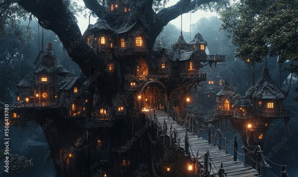 Fototapeta premium bustling fantasy city built on giant tree trunks, with rope bridges connecting houses and glowing lanterns lighting the way, Generative AI