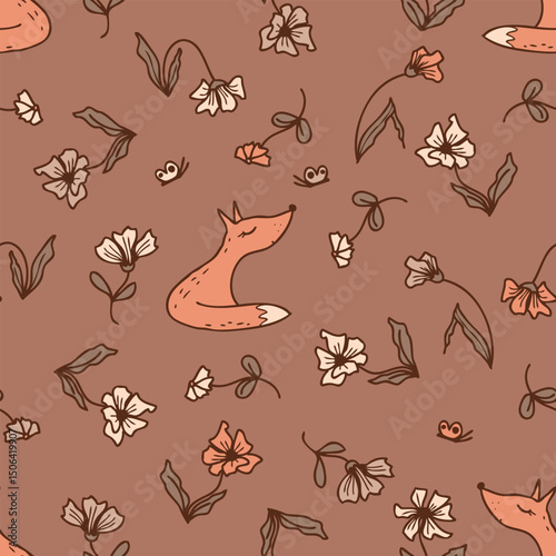 Hand drawn seamless pattern with fox and flowers in trendy mocha mousse colors. Perfect print for scrapbooking, card, textile and fabric. Doodle vector illustration.