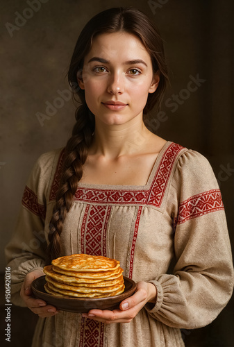 Young woman with braided hair holding a plate of pancakes in a rustic setting
