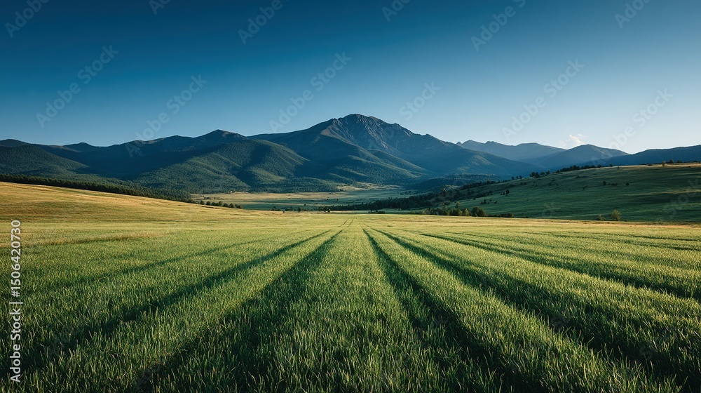 Naklejka premium Lush green field stretches towards a mountain range under a clear sky.