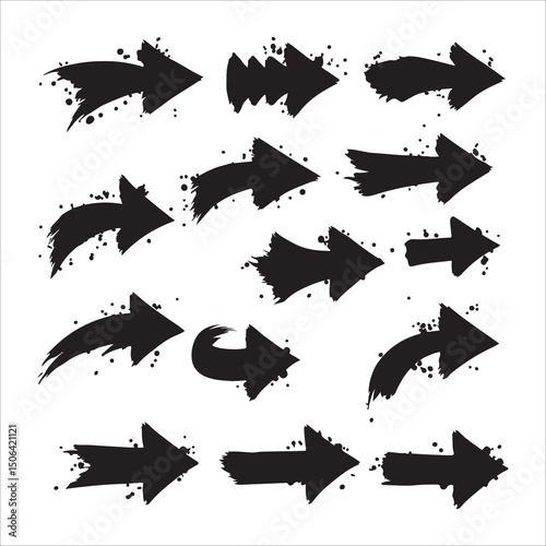 Set of Black Grunge Brush Stroke Arrows Vector Clipart - Hand Drawn Ink Splatter Directional Pointers