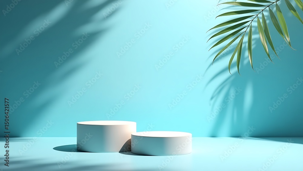 Two white cylinder podiums with palm leaf shadow on a blue background Two white cylinder podiums with palm leaf shadow on a blue background