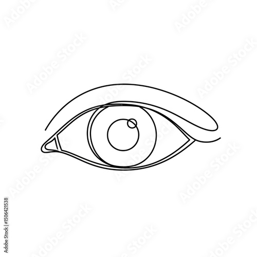 Single line drawing of a human eye isolated on white background, showcasing the iris, pupil, and eyelashes in a minimalist and artistic style