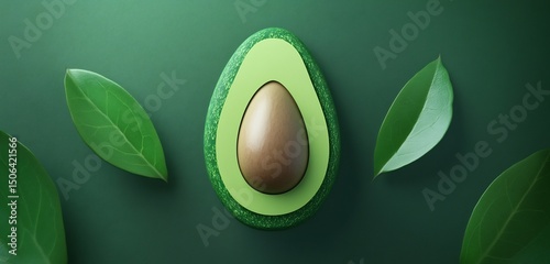 An artistic avocado slice surrounded by fresh green leaves evoking healthy eating on deep green
