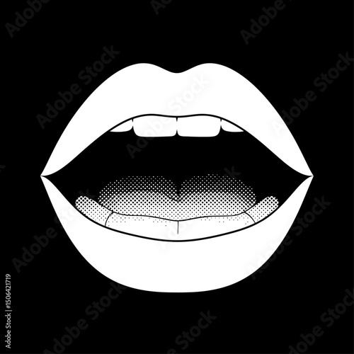 Open mouth with teeth and tongue in black and white graphic illustration, expressing emotion, communication, and vocalization in a modern, minimal style