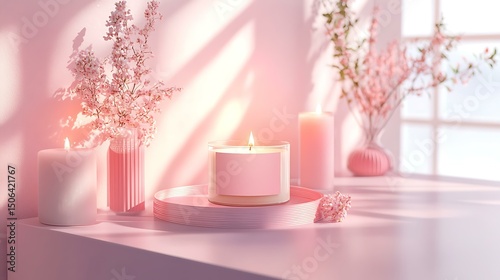 Pastel background 3D mockup of a poster resting on floating panels among scented candles, trinket trays, and dreamy lighting effects Beauty and Skincare Print Themes Home Decor Posters with Dreamy  photo