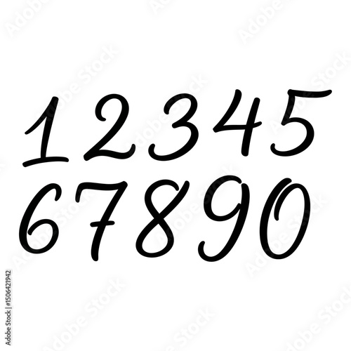 Handwritten numbers 1 to 0 in black calligraphy font isolated on white background, representing mathematics, counting, and numerical symbols