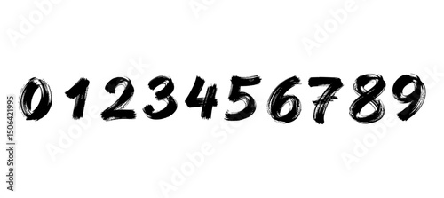Numbers 0 to 9 in black brush stroke style isolated on white background, creating a textured and artistic handwritten font for graphic design and illustration