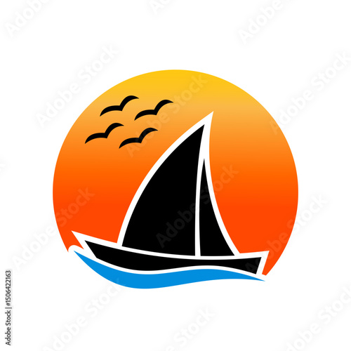 sailing boat with sunset and bird vector logo