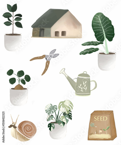 A watercolor collection of various potted plants, gardening tools, and a cozy wooden house. Ideal for garden-themed designs, eco-friendly concepts, and botanical illustration projects.