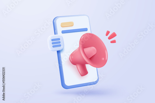 3d megaphone speaker or loudspeaker bullhorn for announce promotion in background, megaphone loud hailer with microphone, speakerphone 3d icon vector render illustration for alert and announcement