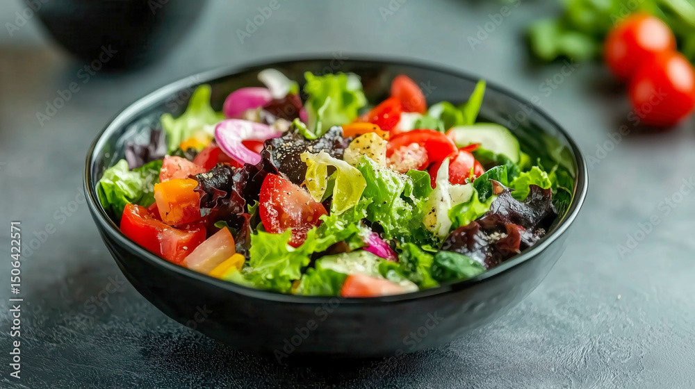 Fresh vegetable salad with tomatoes, cucumber, and onions in a black bowl Fresh vegetable salad with tomatoes, cucumber, and onions in a black bowl