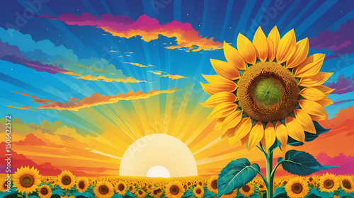 Vibrant Sunflower Blooming on a Color-Spectrum Sky, A Whimsical Illustrative Design