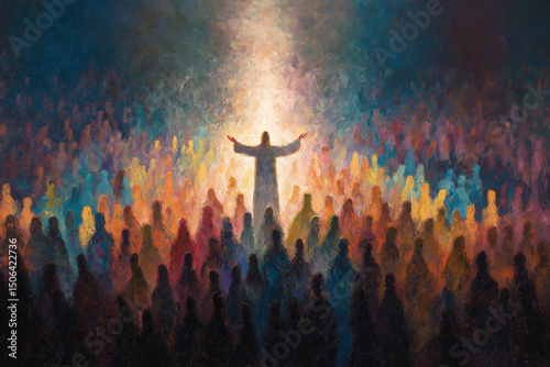 Messianic Figure Addressing a Diverse Crowd A Spiritual Painting