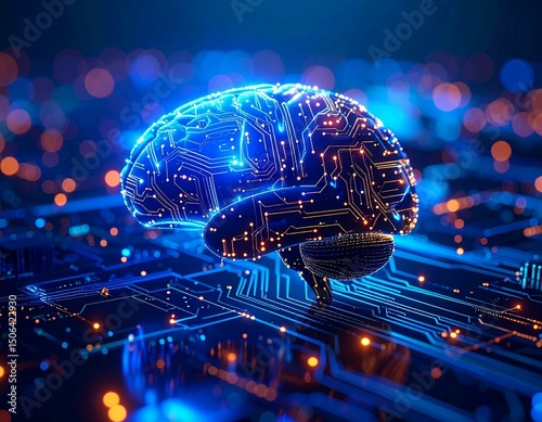 A glowing brain with circuit patterns on a circuit board with bokeh light in the background