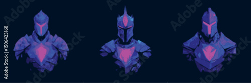 Fantasy Knight Head Logo Set with Glowing Helmets in Stylized Vector Style perfect for RPG branding and medieval hero packs