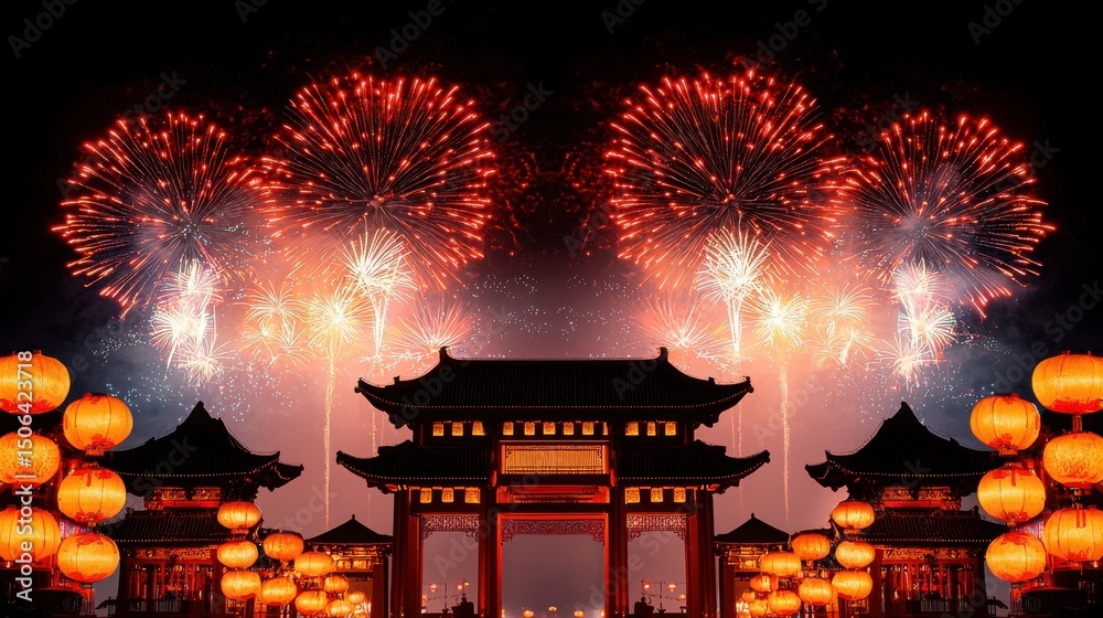 Fototapeta premium Spectacular Chinese New Year with a magnificent fireworks display lighting up the night sky over traditional Chinese architecture and lanterns