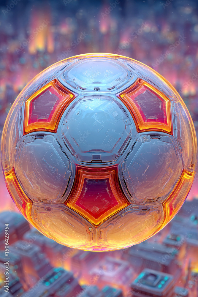 Naklejka premium Futuristic soccer ball with glowing patterns hovers above a vibrant, illuminated cityscape.
