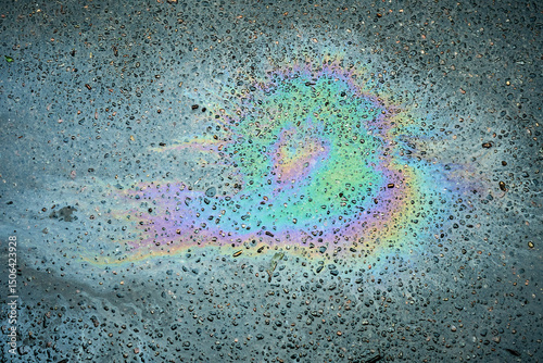 Φωτογραφία Gasoline or oil spill creating rainbow sheen on wet asphalt road.