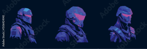 Cyber Soldier Portrait Set with Visors in Polygonal Vector Style perfect for battle avatars and sci-fi special forces