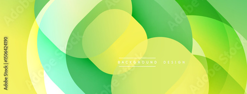 Abstract background features overlapping rounded shapes. Colors range from pale yellow to vibrant green, creating dynamic visual effect.