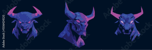 Bull Warrior Mascot Head Logo Trio with Glowing Horns in Fierce Vector Style best for fantasy clan branding and aggressive esports logos